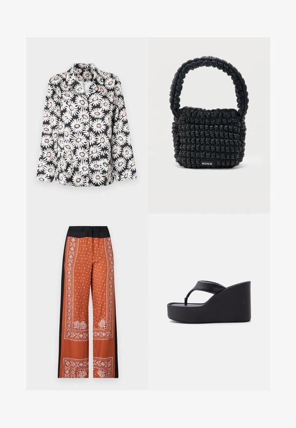 Chemise noire à boutons avec de grandes marguerites blanches et des centres orange. Dotée d'un col classique et de manches longues avec une coupe décontractée.; Pantalons à jambes larges en orange avec une taille noire, dotés d'un motif bandana blanc complexe, d'une texture lisse et de designs de bordure détaillés.; Sandale compensée noire à plateforme avec large lanière entre les orteils et semelle surélevée, conçue pour un usage décontracté.; Petit sac à main noir matelassé avec une poignée courte rembourrée et une étiquette "HUGO" à l'avant, présenté sur un fond clair uni.