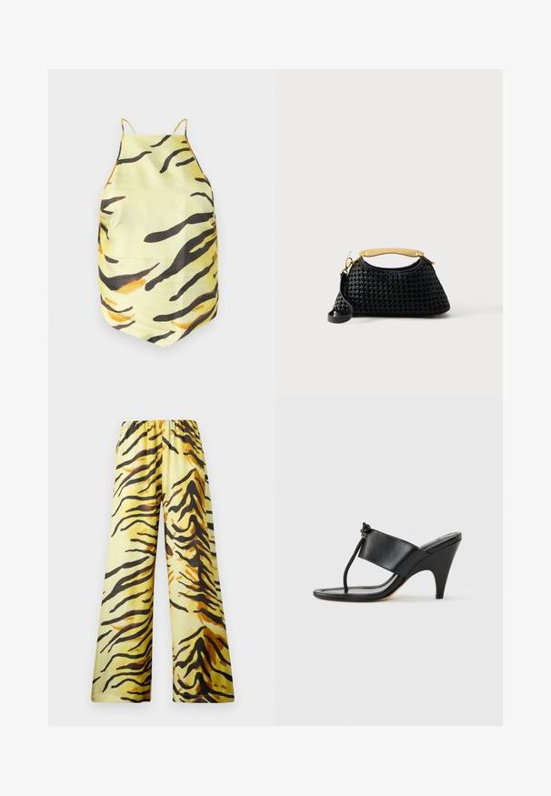 Gelbes Stoffoberteil mit einem Tigerstreifenmuster in Schwarz und Orange, ausgestattet mit dünnen Trägern und einem figurbetonten Design. Glatte Textur, ohne sichtbare Beschläge.; Nanushka BRENDA - Stoffhose - yellow; Schwarze Sandalette mit hohem Absatz, breitem Vorderriemen und Zehenschlaufe mit einer geknoteten Kordel als Detail, seitlich auf weißem Hintergrund dargestellt.; Schwarze gewebte Handtasche mit geschwungener Form, goldfarbenem Metall-Topgriff und abnehmbarem schwarzem Schulterriemen auf weißem Hintergrund.