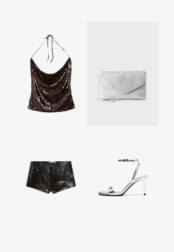 Schwarzes Pailletten-Haltertop mit Wasserfallausschnitt und dünnen Trägern, die im Nacken gebunden werden, entworfen für festliche oder abendliche Anlässe.; Schwarze Pailletten-Shorts mit körperbetontem Design. Enthält schimmernde Pailletten, glatte Textur und einen Bund für einen sicheren Sitz.; Silberne, metallische Sandalette mit Absatz, Knöchelriemen und Schnalle, offenem Zehenbereich und dünnem Absatz vor weißem Hintergrund.; Silberne Mesh-Abendclutch mit Umschlagklappe und dünnem Kettenriemen auf einfarbigem weißem Hintergrund.
