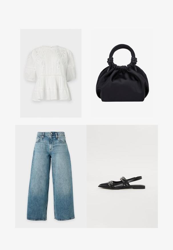 Hvid bomuldsbluse med puffede ærmer, blondeindsatser, broderede blomsterudskæringer, lodrette plisseringer og en skørt kant.; Lyseblå denimjeans med høj talje, bred benudskæring, fem lommer, bæltestropper og knaplukning, vist mod en ensfarvet baggrund.; Even&Odd by Zalando Slingback-ballerinasko - black; Sort blød stofhåndtaske med samlet top og cirkulære polstrede håndtag bundet med knuder på hver side.