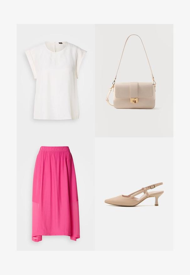 Kurzärmelige weiße Bluse mit rundem Ausschnitt und lockerer Passform, mit einem kleinen schwarz-orangen Etikett am hinteren Kragen.; Rosa Midirock mit elastischem Taillenbund, der ein geschichtetes Design und durchsichtige Akzente aufweist, was eine fließende Silhouette und weiche Textur schafft.; Beige Slingback-Pumps mit spitzer Zehenpartie, glattem Lederobermaterial, verstellbarem Riemen und schlankem, transparentem Absatz.; Beige rechteckige Schultertasche mit Klappe und goldfarbenem Verschluss, ausgestattet mit verstellbarem Riemen und abnehmbarem Schultergurt.
