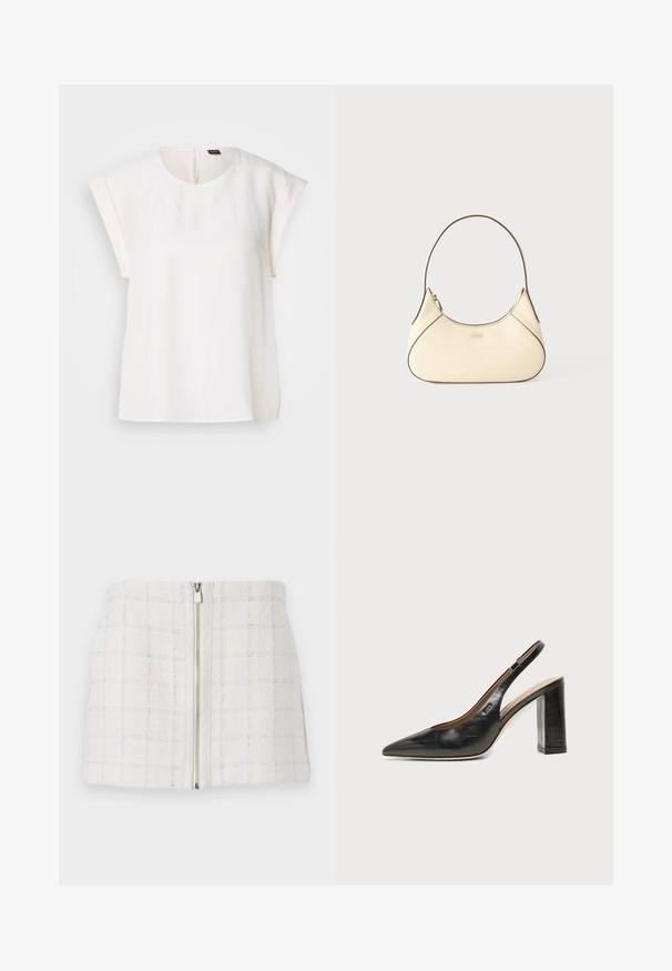 Blouse blanche à manches courtes avec encolure ronde et coupe ample, avec une petite étiquette noire et orange au dos du col.; Mini jupe blanche texturée avec un motif à carreaux et des accents bleus, dotée d'une fermeture éclair à l'avant. Le tissu semble doux et légèrement structuré.; Chaussure slingback en cuir noir à bout pointu avec un talon bloc haut et une doublure intérieure beige sur un fond clair uni.; Sac à épaule en cuir couleur crème avec une forme arrondie et une sangle simple, présentant une texture subtile et un petit logo en relief sur le devant.