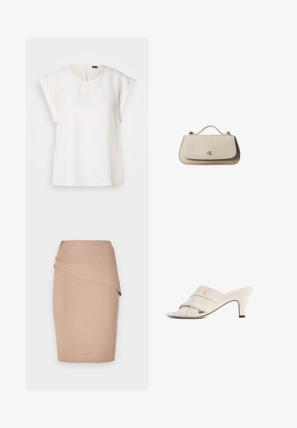 Blouse blanche à manches courtes avec encolure ronde et coupe ample, avec une petite étiquette noire et orange au dos du col.; Jupe crayon beige à mi-longueur, en tissu côtelé, dotée d'un design drapé à l'avant et d'une fermeture éclair sur le côté en argent. Texture lisse.; Mules à talons hauts beiges avec un design de bride en cuir torsadé, bout ouvert et motif de logo en relief. Le talon présente un détail d'embout noir.; Petit sac à main en cuir beige avec poignée supérieure et logo CK argenté sur le rabat avant, présenté sur fond blanc.