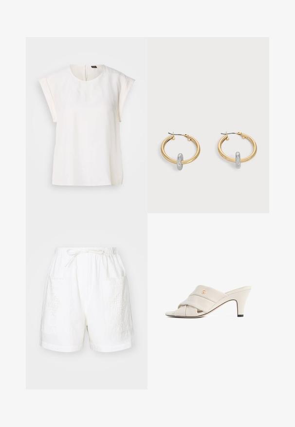 Kurzärmelige weiße Bluse mit rundem Ausschnitt und lockerer Passform, mit einem kleinen schwarz-orangen Etikett am hinteren Kragen.; Weiße Baumwollkurzshorts mit einem elastischen Bund, Kordelzug und zwei vorderen Taschen, die mit komplizierten Stickereien verziert sind.; Beige High-Heeled Mules mit verdrehtem Leder- Riemen-Design, offenen Zehen und geprägt logo Akzent. Die Ferse hat eine schwarze Spitze Detail.; Paar goldfarbene Creolen mit kleinem silberfarbenem Schlaufen-Detail an jeder, vor hellem grauem Hintergrund präsentiert.