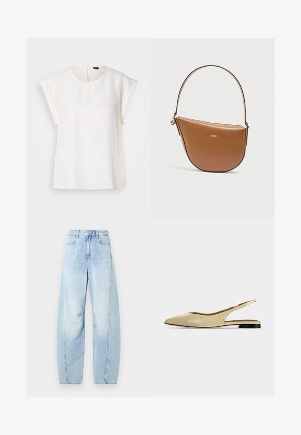 Hvid bluse med korte ærmer, rund halsudskæring og løs pasform, med et lille sort og orange mærke på bagsiden af kraven.; Lys blå denim bredbenede jeans med høj talje, med knaplukning, forlommer og subtil falming.; Beige spids tå slingback flad sko med lav sort hæl og en glat læderfinish, vist fra siden på en ensfarvet baggrund.; Brun halvmåneformet taske i læder med enkelt strop, guld BOSS-logo på forsiden og lille gulddetalje på lynlåsen i siden.