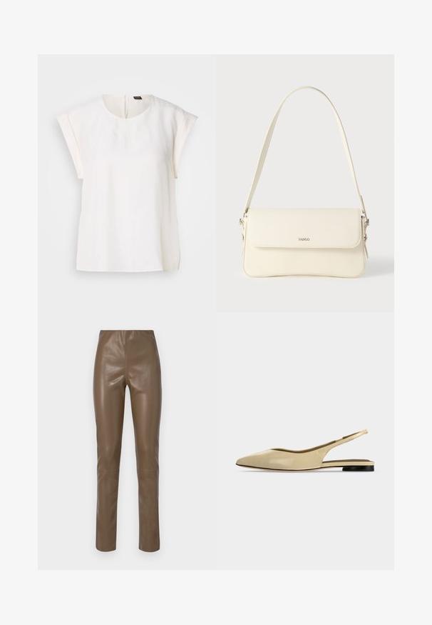 Blouse blanche à manches courtes avec encolure ronde et coupe ample, avec une petite étiquette noire et orange au dos du col.; Pantalons en cuir synthétique brun avec une texture lisse et brillante. Présentent une taille haute et des jambes droites, avec des détails de couture minimalistes.; Chaussure plate beige à bout pointu avec bride arrière, petit talon noir et finition en cuir lisse, vue de côté sur un fond uni.; Sac à bandoulière en cuir couleur crème avec fermeture à rabat, quincaillerie argentée, une bandoulière réglable et un logo discret.