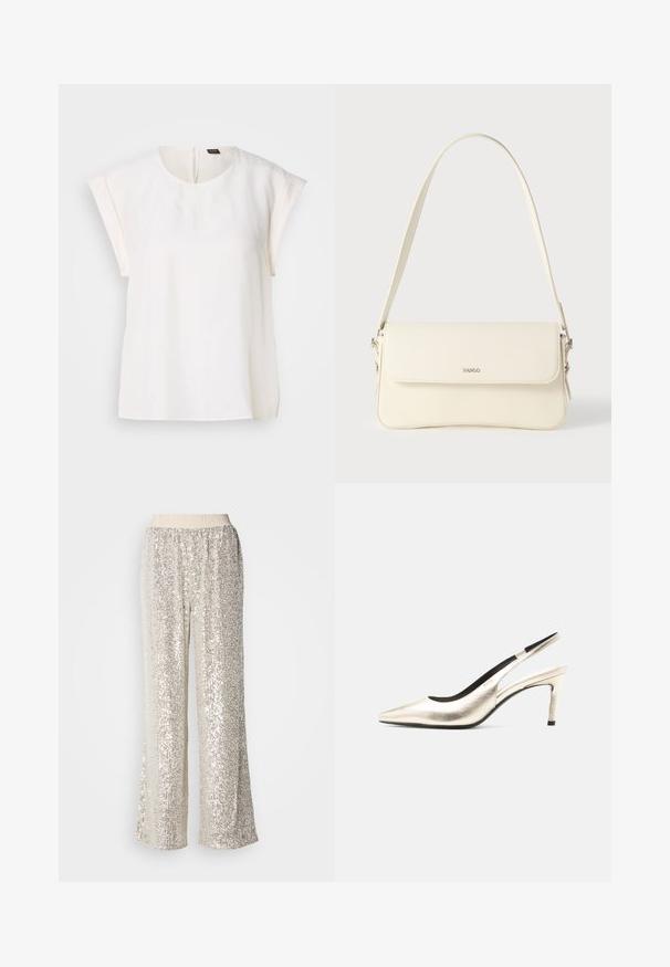 Blouse blanche à manches courtes avec encolure ronde et coupe ample, avec une petite étiquette noire et orange au dos du col.; Pantalons palazzo à sequins présentant une coupe large, une taille élastique douce et une couleur argent-or brillante sur l'ensemble.; Chaussure slingback dorée métallique à bout pointu avec un talon aiguille de hauteur moyenne et une doublure intérieure noire sur fond blanc.; Sac à bandoulière en cuir couleur crème avec fermeture à rabat, quincaillerie argentée, une bandoulière réglable et un logo discret.