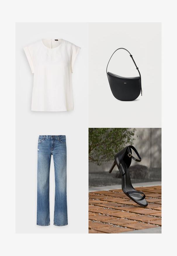 Kurzärmelige weiße Bluse mit rundem Ausschnitt und lockerer Passform, mit einem kleinen schwarz-orangen Etikett am hinteren Kragen.; Helle bluejeans aus Denim mit geradem Bein, ausgewaschenen Details und klassischem Fünf-Taschen-Stil mit sichtbaren Nähten.; Schwarze Sandalette mit hohem Absatz und Knöchelriemen schwebt über einem Holzboden im Freien vor verschwommenem Grün und Steinhintergrund.; Schwarze halbmondförmige Lederschultertasche mit verstellbarem Schulterriemen und goldenem "BOSS"-Logo mittig vorne.