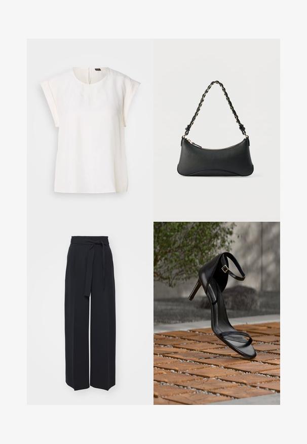 Blouse blanche à manches courtes avec encolure ronde et coupe ample, avec une petite étiquette noire et orange au dos du col.; Pantalons noirs à jambes larges en tissu doux. Dotés d'une taille ceinturée et de plis avant. Texture lisse avec un design épuré et contemporain.; Sandale noire à talon haut avec sangle à la cheville, suspendue au-dessus d'un sol en carreaux de bois à l'extérieur, avec un arrière-plan flou de verdure et de pierre.; Sac à bandoulière en cuir noir de forme rectangulaire incurvée, avec une chaîne dorée tissée dans la bandoulière noire tressée et une fermeture éclair sur le dessus.