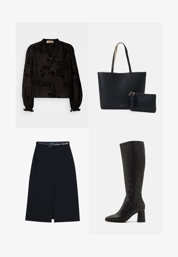 Mos Mosh TALE LIGHT BLOUSE - Overhemdblouse - black; Zwarte knie-lange rok met een vooraanstaande split, gemaakt van gladde stof. Heeft een dunne zwarte riem met een zilveren gesp en riemlussen.; Zwarte laarzen tot de knie, gemaakt van soepel leer. Kenmerken een spitse neus en een robuuste, gestructureerde blokhak. Minimale stikdetails.; Zwarte totebag van gestructureerd materiaal, met twee lange handvatten en een afneembare tas met rits voorzien van een franjesdetail. Gouden merklogo zichtbaar.