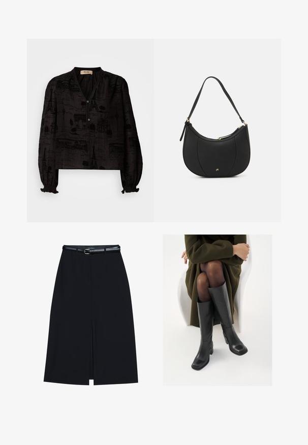 Mos Mosh TALE LIGHT BLOUSE - Chemisier - black; Jupe noire à mi-cuisse avec une fente frontale, fabriquée en tissu lisse. Comprend une fine ceinture noire avec une boucle en argent et des passants.; Bottes en cuir noires arrivant au genou, avec un bout carré et un talon carré, présentées sur un modèle assis dans un manteau vert olive. Texture lisse, détails minimaux.; Sac à main en cuir noir avec une forme courbée, surface texturée, coutures avant et un logo doré. Il est doté d'une seule sangle ajustable.