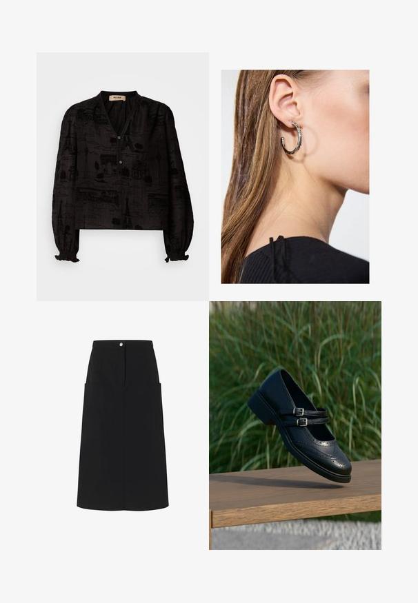 Mos Mosh TALE LIGHT BLOUSE - Πουκαμίσα με κουμπιά - black; Modström SKIRT - Pencil φούστα - black; Μαύρο δερμάτινο παπούτσι Mary Jane με διπλούς ιμάντες με αγκράφες και διακοσμητικά brogue, να αιωρείται πάνω από ένα ξύλινο παγκάκι με πράσινο φόντο γρασίδι.; Ασημένιο σκουλαρίκι κρίκος με γυαλιστερή φινίρισμα, που διαθέτει μικρές χρυσές λεπτομέρειες και στρογγυλό σχήμα, φορεμένο στον λοβό.
