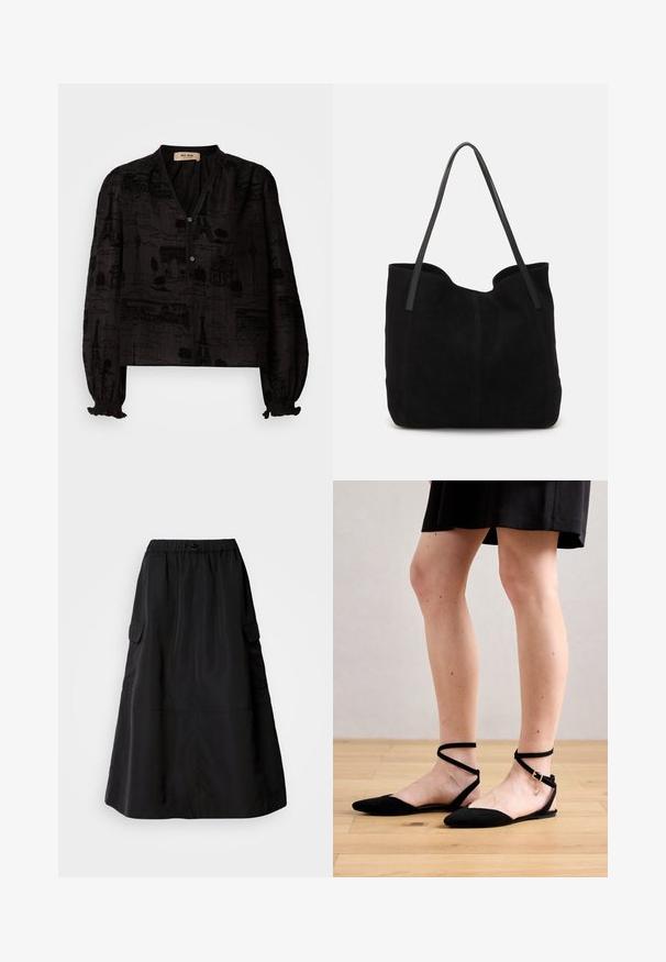 Mos Mosh TALE LIGHT BLOUSE - Nööpidega pluus - black; Mustikas seelik, millel on vabalt langev lõige, valmistatud siledast kangast. Omab elastset vööd ja kahte külgmist krae taskut. Keskmise pikkusega disain.; Mustade sametist lapikud sandaalid terava ninaga, millel on pahkluuringid, mis ristuvad ja lukuga kinnitamine. Siledat tekstuuri ja minimalistlik disain.; Mustas väljast valmistatud käsitasku, millel on kaks pikka, lamedat nahkrihma. Omab kaardus ülemist serva ja nähtavat õmblust esiküljel. Ilma metallist aksessuaarideta.