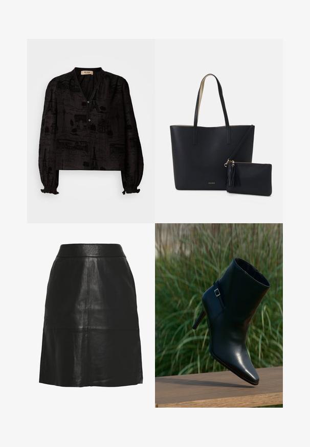 Mos Mosh TALE LIGHT BLOUSE - Overhemdblouse - black; Zwarte A-lijn rok van imitatieleren met hoge taille en zichtbare naaddetails aan de voorkant en bij de zoom.; Zwarte leren enkellaars met een puntige neus, gestapelde hak, glinsterende textuur en een decoratieve band met een zilverkleurige gesp.; Zwarte totebag van gestructureerd materiaal, met twee lange handvatten en een afneembare tas met rits voorzien van een franjesdetail. Gouden merklogo zichtbaar.
