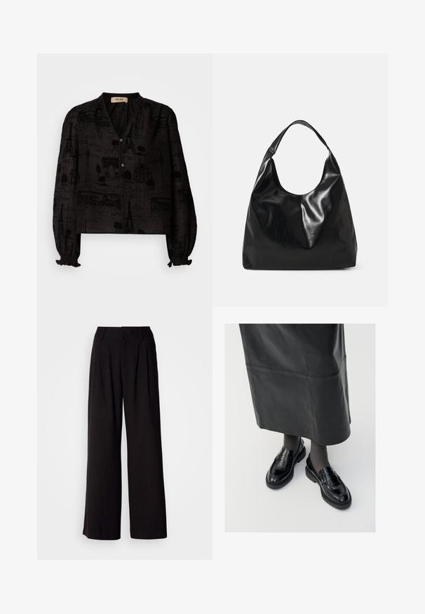 Mos Mosh TALE LIGHT BLOUSE - Blúzka so zapínaním na gombíky - black; Čierne nohavice s širokými nohavicami vyrobené z hladkej látky, s plisovaním vpredu, priliehavým pásom a bez viditeľných vzorov či akcentov.; Čierne kožené poltopánky s hladkým povrchom, s dekoratívnym pásikom, okrúhlou špičkou a textúrovanou podrážkou. Nosené s dlhou čiernou koženou sukňou.; Čierna kožená hobo taška s jemnou, lesklou textúrou a zaobleným, otvoreným vrchom. Obsahuje široký, zakrivený popruh na nosenie. Žiadne viditeľné kovanie.