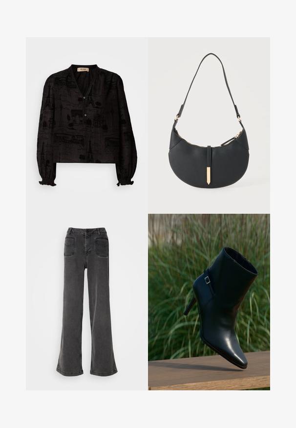Mos Mosh TALE LIGHT BLOUSE - Nööpidega pluus - black; Kõrge vöökohaga, laiad mustad teksad, mis on valmistatud denimist, sisaldavad nupuvajutust, vöökelle ja kahte tagakotti, millel on tikitud detailid.; Mustast nahast pahkluu saabas terava varba, virnastatud kontsa, läikiva tekstuuri ning dekoratiivse rihmaga, millel on hõbedase pandla detail.; Mustast poolkuu kujuga käekott ühe rihmaga, kuldse lukkude ja kuldse ristkülikukujulise dekoratiivse plaadiga ees.