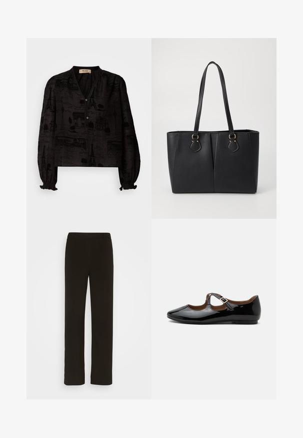 Mos Mosh TALE LIGHT BLOUSE - Overhemdblouse - black; Zwarte, rechte broek van geweven stof, met een platte voorkant, twee zijzakken en een gladde textuur. Geen zichtbare patronen of accenten.; Zwarte lakleren Mary Jane platte schoen met twee uitsparingen en een gouden gespbandje op een witte achtergrond.; Zwarte neplederen tote bag met een gestructureerde afwerking, twee lange handvatten en goudkleurige hardware-accenten aan de zijkant. Rechthoekige vorm.