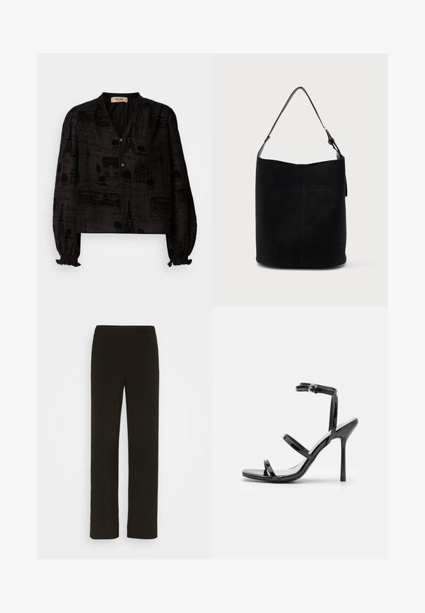 Mos Mosh TALE LIGHT BLOUSE - Overhemdblouse - black; Zwarte, rechte broek van geweven stof, met een platte voorkant, twee zijzakken en een gladde textuur. Geen zichtbare patronen of accenten.; Zwarte gepatineerde leren hoge hak sandalen met drie horizontale banden en een verstelbare enkelband. Slanke silhouette en glanzende afwerking.; Zwarte leren emmer tas met enkele verstelbare schouderband en minimalistische stikdetails aan de voorkant.