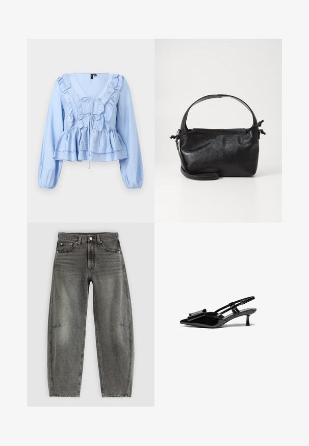 Lyseblå bluse med lange ærmer, rynket V-hals, bindelukning foran, peplumkant og elastiske manchetter med rynker.; Højtaljede gråvaskede denimjeans med fem lommer, knaplukning og en afslappet lige pasform.; Sorte patenterede læderslingbacks med spids tå, en sløjfedetalje foran og en lille stilettohæle. Remmene har justerbare spænder.; Sort læderhåndtaske med et struktureret design, rund tophåndtag og aftagelig skulderrem. Den har en glat tekstur og en subtil glans.