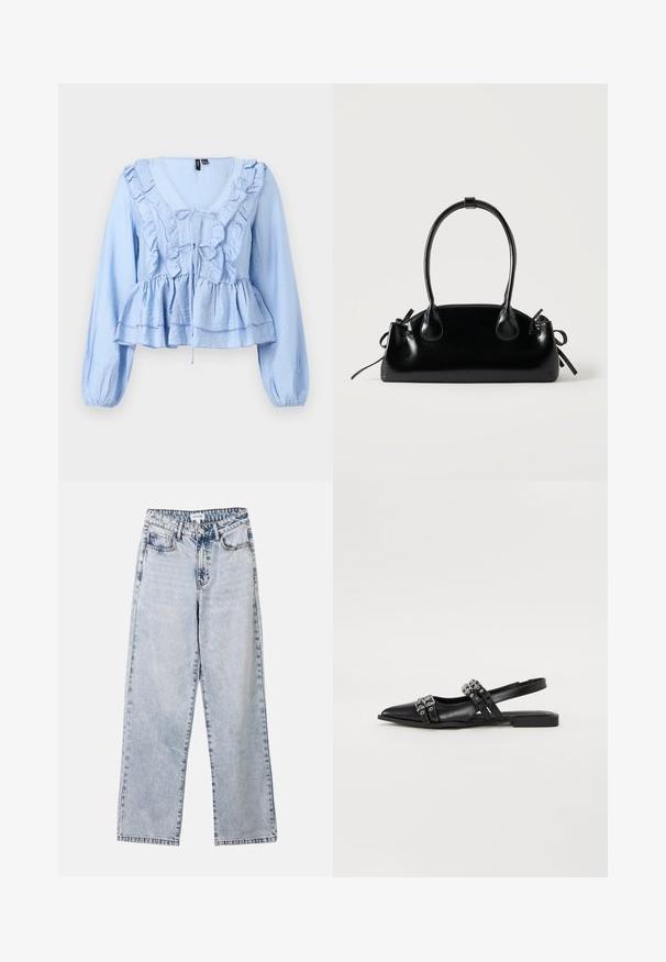 Hellblaue langärmelige Bluse mit Rüschen am V-Ausschnitt, Bindeband vorne, Peplum-Saum und gesammelten elastischen Bündchen.; Helle blaue Straight-Leg-Jeans aus Denim, ausgestattet mit zwei vorderen Taschen, einem Knopfverschluss und kontrastierenden Nähten entlang der Säume.; Even&Odd by Zalando Sling-Ballerina - black; Kleine schwarze glänzende Handtasche mit zwei langen Griffen und seitlichen Kordelzug-Details vor einfachem hellem Hintergrund.
