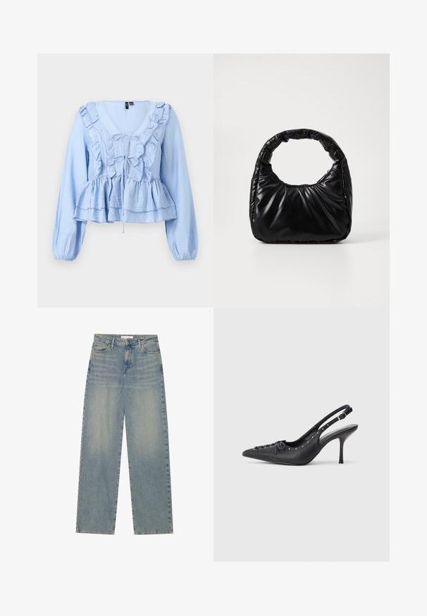 Svetlomodrá blúzka s dlhými rukávmi, volánikový výstrih do V, zapínanie na zaväzovanie vpredu, peplum lem a elastické manžety so záhybmi.; Svetlomodré džíny s vysokým pásom a rovnými nohavicami, s prednými vreckami, pútkami na opasok a viditeľným zapínaním na gombík a zips.; Čierne kožené slingback lodičky na ihličkovom podpätku s špicatou špičkou, bočným zipsom, cvokmi pozdĺž okraja a dekoračným šnurovaním na prednej strane.; Čierna vycpaná kabelka s okrúhlym držadlom, s hladkým, lesklým povrchom a jemnou prešitou textúrou. Žiadne viditeľné kovanie ani akcenty.
