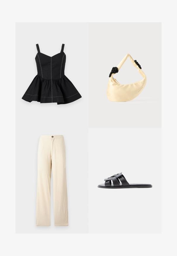 Top peplum noir sans manches avec larges bretelles et surpiqûres blanches contrastantes le long des coutures et de l'ourlet, détail évasé à la taille.; Pantalons beige à jambes larges en tissu léger. Présentent une fermeture à boutons à l'avant et des ourlets droits. Texture lisse avec des coutures minimales.; Sandale plate noire à enfiler avec des lanières en cuir tissé et orteil ouvert, vue de profil sur un fond clair.; Sac épaule en satin couleur crème avec deux nœuds tressés noirs sur la sangle et une fermeture éclair visible.