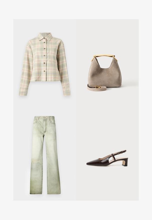 Beiges Langarmhemd mit rot-blauem Karomuster und einer Brusttasche, auf weißem Hintergrund dargestellt.; Ausgebleichte grüne Jeans mit hoher Taille, weitem Bein und abgewetzten Patches. Mit Knopfverschluss und fünf Taschen ausgestattet.; Dunkelbrauner Slingback-Schuh aus krokodilgeprägtem Leder mit spitzer Spitze, niedrigem Blockabsatz und verstellbarem goldfarbenem Schnallenriemen.; Beige Wildleder-Handtasche mit gebogenem goldfarbenem Metallgriff und abnehmbarem Riemen mit goldfarbenem Verschluss, auf hellem einfarbigem Hintergrund präsentiert.