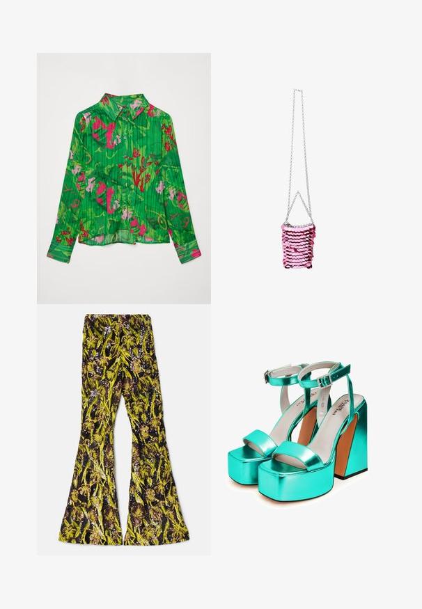 Grønne knap-up skjorte med blomsterprint i pink og rød. Har en krave og lange ærmer med en lige kant. Struktureret stof.; AKNVAS EXCLUSIVE LENNON BEADED PANT - Bukser - ink citrine; Turkismetalliske platform sandaler med en kraftig hæl. Har en bred frontstrop og ankelstrop med en dekorativ spænde. Glat tekstur.; Pink glitrende håndtaske med rektangulær form, sølv kædestrop, lagdelt skala design, der reflekterer lys med en blank overflade.
