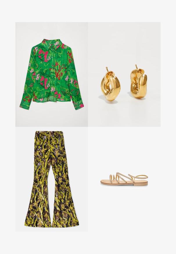 Grønne knap-up skjorte med blomsterprint i pink og rød. Har en krave og lange ærmer med en lige kant. Struktureret stof.; AKNVAS EXCLUSIVE LENNON BEADED PANT - Bukser - ink citrine; Guld flad sandal med flere krydsede stropper prydet med små klare rhinsten. Har en flad sål og åben hældesign.; Chunky guld hoop øreringe med et let snoet, rørformet design og postsystem bagpå, på en hvid baggrund.
