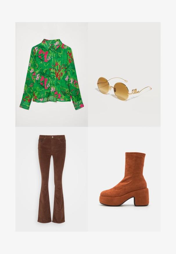 Grønne knap-up skjorte med blomsterprint i pink og rød. Har en krave og lange ærmer med en lige kant. Struktureret stof.; Brune fløjl flared jeans med en glat overflade, fem lommer og en enkelt metalknap i taljen.; Brune ruskind ankelstøvler med blokhæl og platformssål. Overdelen har en glat tekstur og syninger, der strækker sig til midten af læggen.; Runde solbriller med guldfarvet stel, brune tonede linser og tynde stænger med en dekorativ kursiv "like" detalje på hver side.