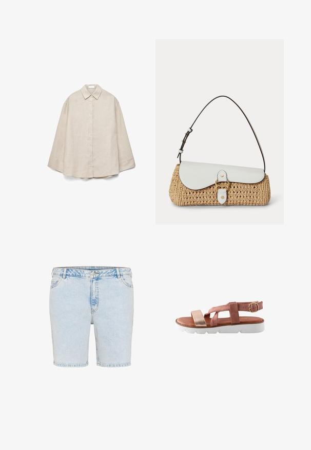 Beige overhemd met lange mouwen, knopen aan de voorkant, een puntige kraag en een losse pasvorm, platliggend weergegeven op een witte achtergrond.; Lichtblauwe denim shorts met een rechte snit, vijf zakken en zichtbare stiksels. Voorzien van een knoop- en ritssluiting.; Sandalen met een roze suède bovenkant, een metallic gouden band en een witte rubberen zool met een zigzagpatroon. Verstelbare enkelgesp voor de juiste pasvorm.; Gevlochten strohandtas met witte leren klep, gouden gesp en verstelbare donkerbruine schouderband op een witte achtergrond.