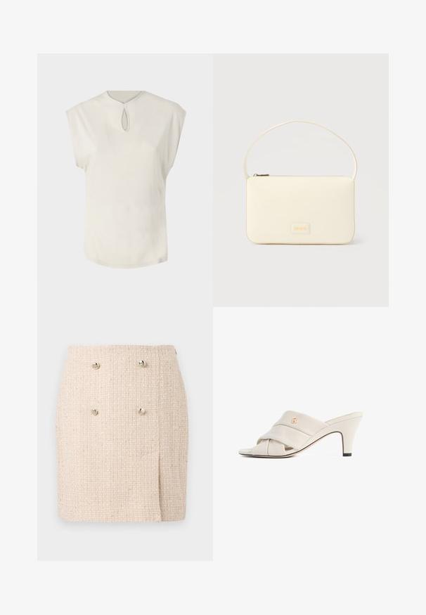 Witte top met korte mouwen, ronde halslijn en een kleine keyhole-detail aan de voorkant. Gladde structuur, relaxte pasvorm en licht gebogen zoom.; Beige textured rok met een geweven patroon, voorzien van twee opvallende zilveren knopen aan de voorkant en een licht asymmetrische zoom.; Beige hoge hakken mules met een gedraaide lederen band, open teen en een reliëf logo-accent. De hak heeft een zwarte puntdetail.; Roomkleurige rechthoekige handtas met een enkele draagband en een ritssluiting aan de bovenkant, met een klein ingegraveerd logoplacaat op de voorkant.