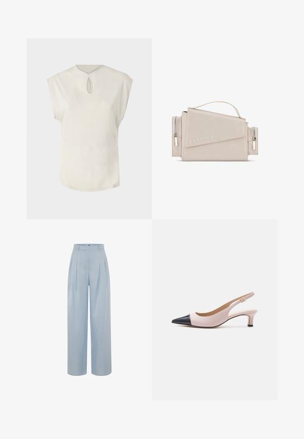Weißes Kurzarmoberteil mit rundem Halsausschnitt und kleinem Schlüssellochdetail vorne. Glatte Textur, lockere Passform und leicht abgerundeter Saum.; adL Stoffhose - blue; Zweifarbiger Slingback-Kitten-Heel-Schuh in Beige und Schwarz mit spitzer Zehe und kleiner goldener Schnalle auf weißem Hintergrund.; Beige Tasche aus Kunstleder mit Griff oben, Überschlagklappe und zwei seitlichen Reißverschlüssen. Verfügt über ein geprägtes Logo und eine glatte Textur.