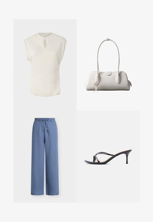 Top blanco de manga corta con un escote redondo y un pequeño detalle en forma de ojal en la parte delantera. Textura suave, corte relajado y dobladillo ligeramente curvado.; Pantalones de pierna ancha en azul claro con cintura elástica y cordón ajustable. Fabricados con un material suave y ligero, que presenta una textura lisa.; Sandalia de tacón de charol negro con tiras finas cruzadas y un tacón de aguja delgado de altura media, sobre un fondo blanco.; Bolso de hombro blanco de Calvin Klein con asas largas, forma rectangular, cierre de cremallera y charm decorativo con el logo colgando cerca del asa.