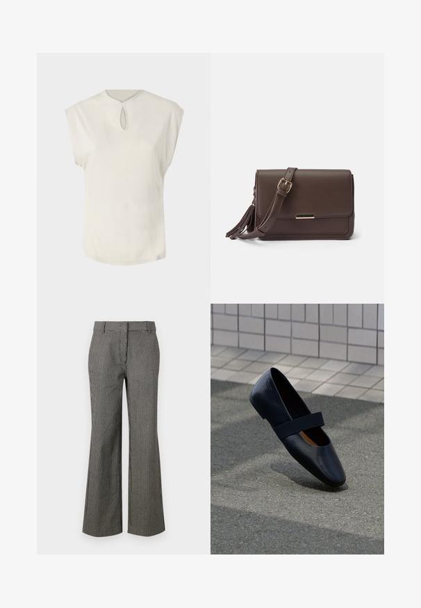 Top blanco de manga corta con un escote redondo y un pequeño detalle en forma de ojal en la parte delantera. Textura suave, corte relajado y dobladillo ligeramente curvado.; Pantalones de pierna ancha a rayas en blanco y negro. Hechos de una tela ligera con una textura suave. Presentan una cintura y bolsillos frontales.; Zapato plano de cuero negro con punta redonda, que presenta una suave correa elástica negra sobre la parte superior. Textura suave y diseño minimalista.; Bolso cruzado de imitación cuero marrón con cierre de solapa, herrajes en tono dorado y detalle de borlas en el lateral. Correa ajustable para un uso versátil.