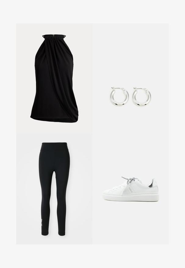 Top negro sin mangas con cuello halter, detalle de tela drapeada y cierre de cremallera en la parte trasera del escote.; Leggings negros hechos de tela elástica, con una cintura alta y un pequeño logotipo impreso en una pierna. Textura suave, diseño ajustado.; Zapatilla blanca de caña baja con suela gruesa, cordones grises con patrón, lengüeta metálica plateada en el talón y el logo "Furla" en el lateral.; Pendientes de aro de plata con un acabado pulido, que presentan una forma circular y un cierre de gancho. Textura suave con detalles mínimos.