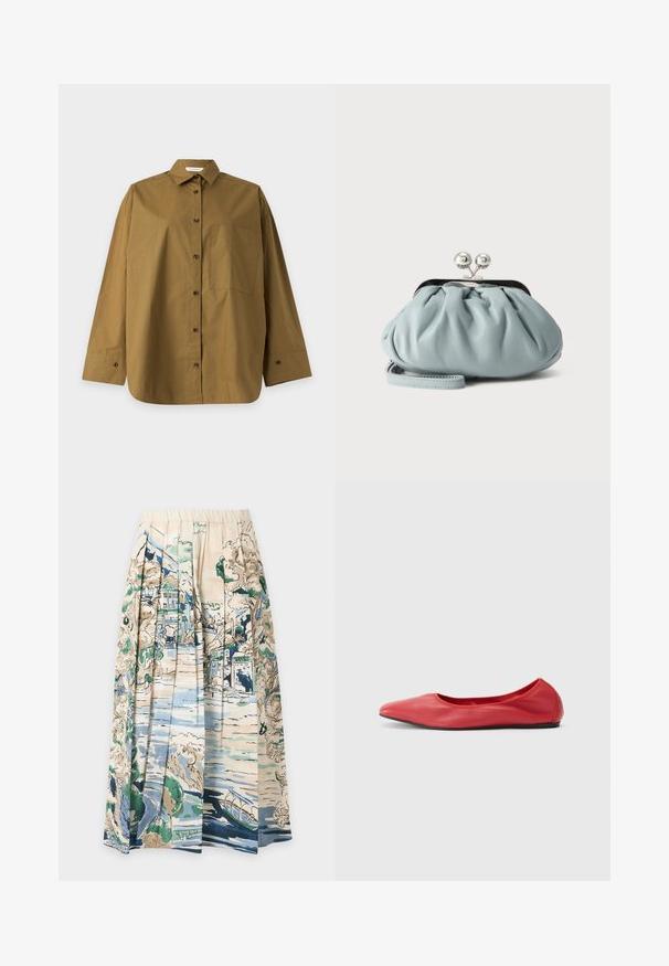 Long-sleeve brown button-up shirt with a collar and chest pocket, displayed flat on a light gray background.; Pleated skirt with an elastic waistband featuring a scenic print of trees, buildings, a river, and a small boat in blue, green, and beige tones.; Filippa K REY FLATS - Ballet pumps - bright red; Small light blue leather coin purse with silver metal kiss-lock clasp and short wrist strap on a plain background.
