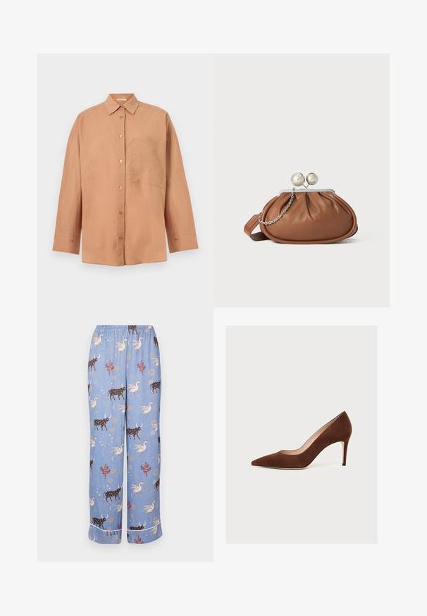 Camisa marrón clara de manga larga con botones, cuello y bolsillo en el pecho, mostrada extendida sobre un fondo neutro.; Pantalones de pijama azules con un patrón caprichoso que presenta vacas, criaturas míticas y elementos celestiales; cinturilla elástica y piernas anchas.; Zapato de tacón alto de ante marrón con punta puntiaguda y tacón de aguja delgado, mostrado de perfil sobre fondo blanco.; Bolso de mano de cuero marrón con cierre de bola plateada y un pequeño detalle de cadena plateada sobre un fondo blanco.