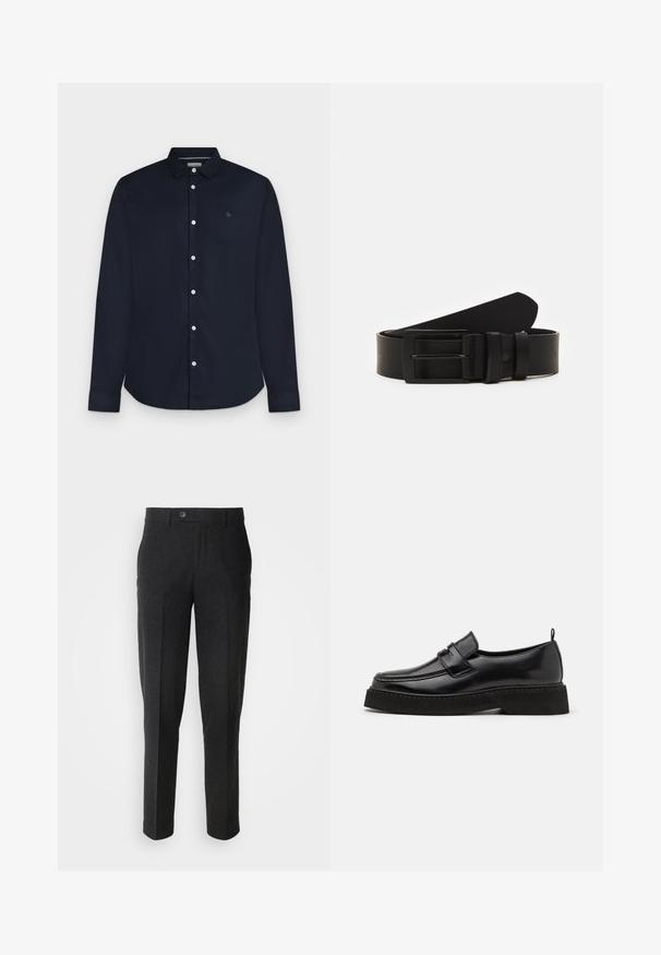 Chemise homme bleu marine à manches longues avec col et boutons blancs, présentée sur fond gris clair.; Lindbergh Pantalon classique - black melange; Chaussures en cuir noir de style mocassin avec une semelle plate et texturée, présentant un bout piqué et une sangle traversant le cou-de-pied.; Ceinture en cuir noir roulée avec une boucle en métal rectangulaire noir mat et deux passants sur fond blanc.