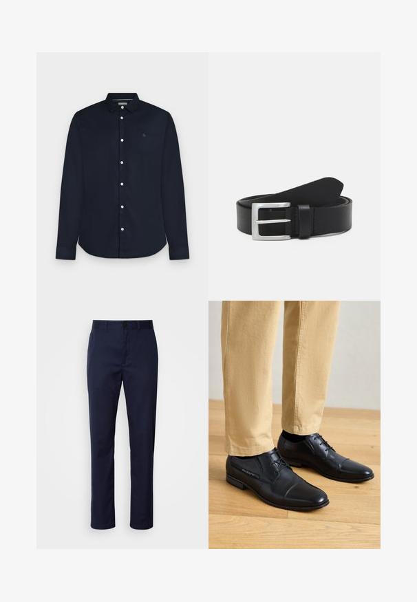 Camisa de hombre azul marino de manga larga con botones, cuello y botones blancos, mostrada sobre un fondo gris claro.; Pantalones azul marino de mezcla de algodón. Presenta una pierna recta, una cinturilla con pasadores para cinturón y un cierre frontal con botón.; Zapatos de vestirse de cuero negro con un acabado suave, que presentan una punta redondeada, un diseño con cordones y un sutil logotipo en el costado, combinados con pantalones caqui.; Cinturón de cuero negro con una textura lisa, hebilla rectangular de plata y un lazo para el extremo. Presenta una costura ordenada a lo largo de los bordes.