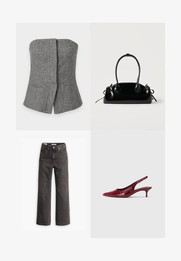 Chaleco gris sin tirantes con patrón de espiga, corte entallado y dos bolsillos de ojal delanteros.; Jeans de tiro alto y pierna ancha en denim gris oscuro, con bolsillos frontales, remaches de cobre en contraste y un acabado limpio sin adornos.; Zapato de tacón tipo slingback de cuero burdeos con textura de cocodrilo, punta afilada, correa ajustable con hebilla y tacón bajo tipo kitten sobre un fondo blanco.; Pequeño bolso negro brillante con dos asas largas y detalles de cordón lateral sobre un fondo claro liso.