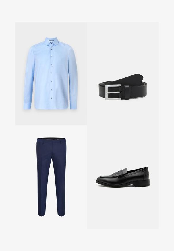 Lyseblå skjorte med knapper lavet af tekstureret stof, der har en klassisk krave og kontrasterende mørke knapper foran. Lange ærmer.; Marineblå skræddersyede bukser lavet af et glat stof, med en slim fit og flad front uden synlige lommer eller forskønnelser.; Sort læder herre loafers med kvast detalje, rundet tå, lav hæl og glat poleret finish, vist fra siden på hvid baggrund.; Sort læderbælte med en glat overflade, sølv rektangulær spænde og en løkke til enden. Har pæne stikninger langs kanterne.