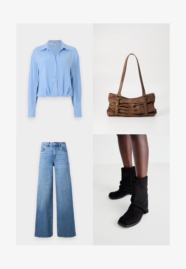 Hellblaue langärmlige Bluse mit Knopfleiste, Kragen und gerafftem Saum, vor schlichtem weißem Hintergrund dargestellt.; Hellblaue, hoch geschnittene Jeans aus Denim mit weitem Bein, vorderer Knopfleiste, Reißverschluss und klassischem Fünf-Taschen-Design.; Schwarze Wildleder-Ankle Boots mit einem lässigen Design, flacher Sohle und quadratischer Zehenpartie, präsentiert auf dunklen Beinen vor einem hellen Hintergrund.; Even&Odd by Zalando Handtasche - brown