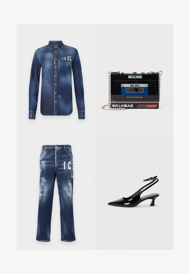 Donkerblauwe denim shirt met een knoopsluiting, bewaard rafeling, versleten accenten en witte "ICON" tekst op de borst.; Donkerblauwe denim jeans met verwoeste patches, lichte verfspetters en vetgedrukte witte letters. Straight leg ontwerp met een klassieke pasvorm.; Zwarte gepatineerde leren slingback hakken met een puntige neus, lage blokhak en een verstelbare enkelband met een gouden gespsluiting.; Zwarte rechthoekige Moschino tas in de vorm van een vintage cassettebandje met zilveren kettingriem en "Mix 80's" cassette label.