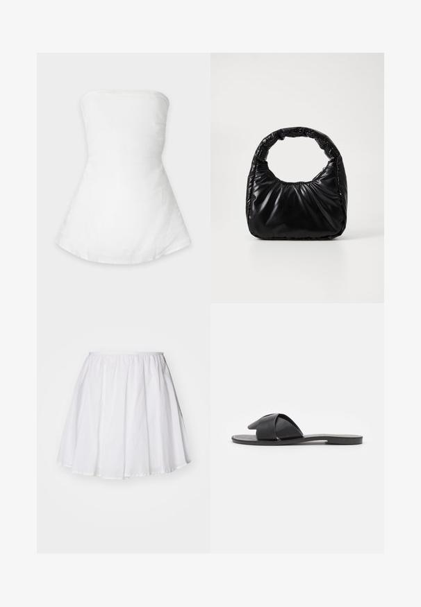 Vestido blanco sin tirantes con corpiño ajustado y falda acampanada, presentado plano sobre un fondo neutral.; Falda de algodón blanca con cinturilla elástica, que presenta un diseño acampanado y una textura suave, con pliegues a lo largo de la tela para añadir volumen.; Sandalia negra sin hebillas con tiras cruzadas. Fabricada en cuero suave con una suela plana y costuras mínimas. Diseño simple de punta abierta.; Bolso negro acolchado con un asa redondeada, que presenta una superficie lisa y brillante y una textura suave y acolchada. Sin herrajes ni acentos visibles.
