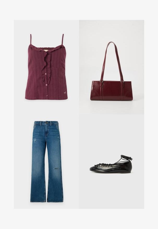 Haut sans manches bordeaux avec fines bretelles, fermeture à boutons devant, encolure et patte à volants, avec une texture subtile à rayures verticales.; Jean en denim bleu à jambes larges avec une texture délavée, présentant deux zones usées sur le devant, une fermeture à bouton et un design à cinq poches.; Ballerines en cuir verni noir avec un bout rond, un design à lacets et une semelle plate. Texture lisse avec peu de détails.; Sac à main bordeaux en matériau brillant, de forme rectangulaire, avec deux anses et des accents légèrement courbés à l'avant.
