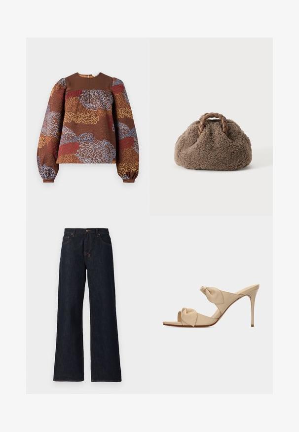 Blouse marron à manches longues avec un motif floral texturé en bleu, rouge et or. Empiècement marron uni et manches bouffantes froncées.; Jeans larges bleu foncé en denim, avec des coutures orange, deux poches avant et une fermeture à bouton à la taille.; Mule beige à talon haut ouvert à l'avant avec deux brides nouées torsadées et un talon aiguille fin sur fond blanc.; Petit sac à main marron duveteux avec des poignées en cuir tressé sur un fond uni clair.