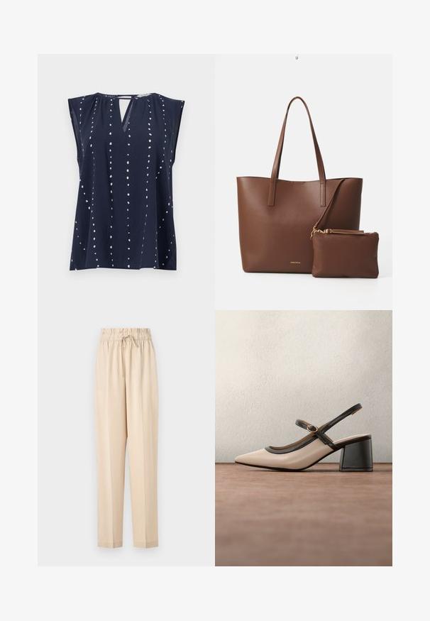 Mørkeblå ærmeløs bluse med V-udskæring og nøglehulldetalje, prydet med hvidprikkede mønstre, der er arrangeret lodret på stoffet.; Beige, lette bukser med elastisk talje, snøre detaljer og lige ben. Glat tekstur, minimalisk stil.; Beige høje hæle slingback-sko med spids tå, sort kant og spænde detalje. Glat materiale med mat finish, mellemstor blokhæl.; Brun faux læder tote taske med to lange håndtag og en matchende lille pung. Overfladen har et struktureret mønster og guldfarvede hardware detaljer.