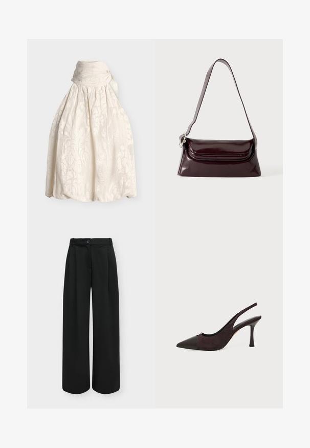 Blouse sans manches de couleur crème avec un col haut froncé et un subtil motif floral texturé sur le tissu.; Pantalon noir taille haute à jambes larges avec un bouton sur le devant et une fermeture éclair dissimulée sur un fond clair uni.; Chaussure à talon haut slingback en cuir et daim noir et marron foncé, avec un bout pointu et un talon aiguille fin sur fond blanc.; Sac à bandoulière en cuir bordeaux foncé avec fermeture à rabat et une fine sangle réglable, présenté sur un fond clair uni.