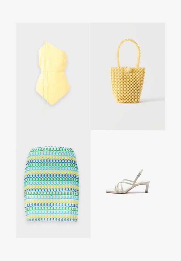 Top jaune à une épaule, fabriqué en tissu léger, présentant une taille cintrée avec des liens ajustables et un ourlet pointu. Texture lisse.; Mini-jupe en textile avec des rayures horizontales bleues, vertes et jaunes. Le design présente une apparence tissée et texturée avec un effet superposé.; Zign Escarpins - off white; Petit sac à main style bocal fait de perles crème brillantes avec une anse en perles bouclée et une fermeture décorative avec un nœud de perles.